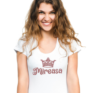 Tricou Mireasa, tricou din bumbac alb, personalizat cu design roz sclipicios si coronita