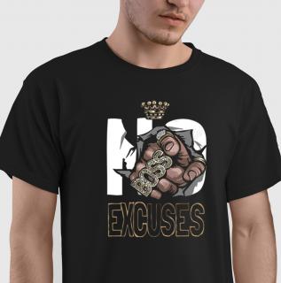 Tricou No excuses, din bumbac negru, cu design coronita, pentru barbati