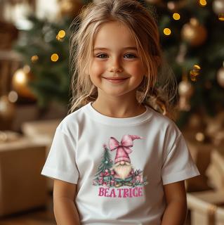 Tricou pentru copii de Craciun, personalizat cu nume si gnom roz