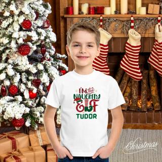 Tricou pentru copii de Craciun, personalizat cu nume, spiridus si mesajul I m the naughty Elf