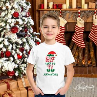 Tricou pentru copii de Craciun, personalizat cu nume, spiridus si mesajul The Elf made me do it