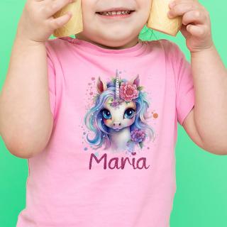 Tricou roz personalizat cu nume si unicorn, cadou pentru fetita
