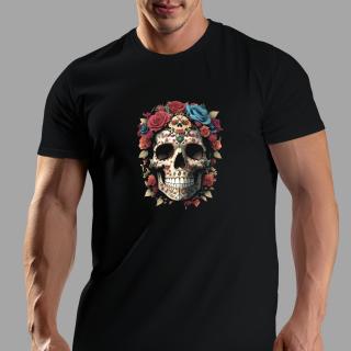 Tricou Skull Halloween, cu craniu si flori, din bumbac negru