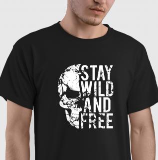 Tricou Stay wild and free, din bumbac negru, cu design craniu, pentru barbati