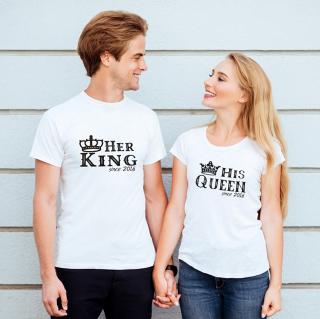 Tricouri pentru cuplu, set de 2 tricouri, personalizate cu Her King si His Queen, data relatiei si coronita
