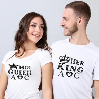 Tricouri personalizate pentru cuplu, set de 2 tricouri, personalizate cu Her King si His Queen, initialele cuplului si coronita