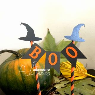 Banner tort de Halloween cu Boo si palarii de vrajitoare