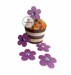 Set 5 toppere de tort cu floricele mov glitter cu cristal