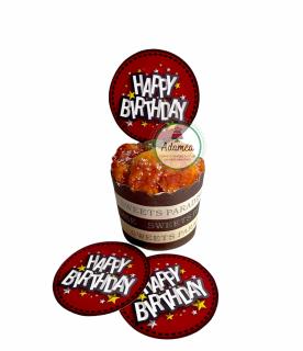 Set de 3 toppere de  tort cu stegulet rotund rosu cu Happy Birthday animat