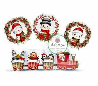 Set de 4 toppere de tort cu oameni de zapada, tren si Mos craciun