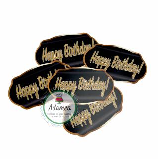 Set de 5 toppere de tort cu Happy Birthday galben tip auriu pe fundal negru