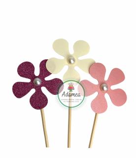 Set toppere de tort cu 3 floricele cu perlute