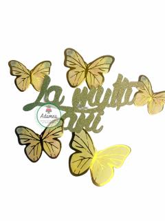 Set toppere de tort cu La multi ani glitterat in degrade si fluturi galben cu auriu