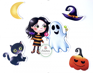 Suita de toppere de tort cu fetita prietena cu fantoma de Halloween