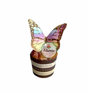Topper de tort cu fluture mare tip auriu glitter pe fundal curcubeu pal
