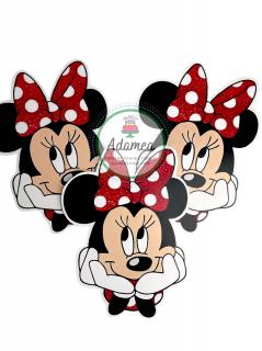 Topper frontal de tort cu cap de minnie ganditoare cu funda rosie tip glitter