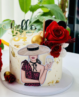 Topper frontal de tort cu femeie eleganta cu palarie si sampanie