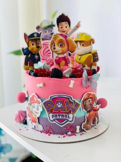 Topper frontal de tort cu logo Patrula Catelusilor roz cu mov