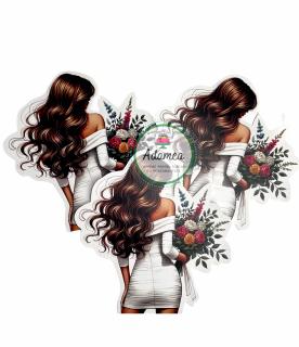 Topper frontal de tort cu tanara sexy cu rochie alba si buchet mare de flori