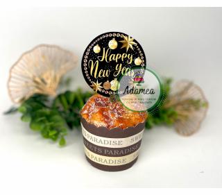 Topper tort cu cerc negru cu galben tip auriu si mesajul Happy New year