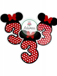 Topper tort cu cifra 3 pentru Minnie cu rosu