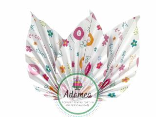 Topper tort cu evantai sau frunza de palmier alb cu floricele colorate