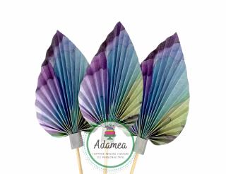 Topper tort cu mini evantai sau frunza de palmier marmorat mov, albastru, bleu si verde
