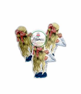 Topper tort frontal cu domnisoara blonda cu funda roz