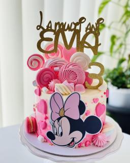 Topper tort frontal cu profil de Minnie cu fundita roz pal