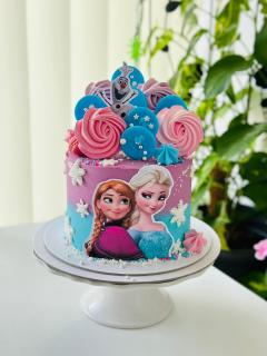 Topper tort frontal mare cu bust Elsa si Anna cu pelerina fucsia