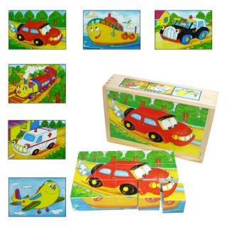 Puzzle cuburi din lemn 15 piese cu vehicule