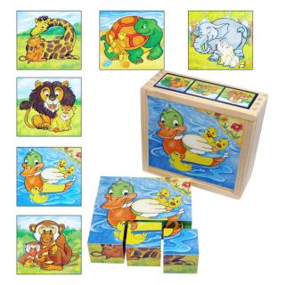 Puzzle cuburi din lemn 9 piese cu animale si puiutii lor