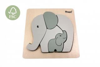 Puzzle incastru din lemn cu elefant, gri pastel, Magni