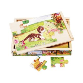 Set 4 puzzle din lemn cu 12 piese cu animale de ferma