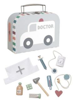 Trusa medicala de jucarie - set de doctor din lemn gri pastel, JaBaDaBaDo