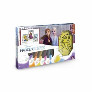 Elsa  Anna  Olaf Frozen 2 de colorat ,   Disney, Set creativ pictura cu nisip colorat, 1 plansa 14,8 x 21 cm, 2 planse 10,5 x 14,8 cm, 3 rame carton, 16 tuburi nisip multicolor, 1 penseta, 3 folii, +