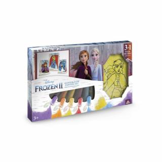 Frozen II ,   Elsa  Anna  Olaf, Disney, Set creativ pictura cu nisip colorat, 1 plansa 14,8x21 cm, 2 planse 10,5x14,8 cm, 3 rame carton, 16 tuburi nisip multicolor, 1 penseta, 3 folii, + 3ani