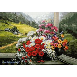 Kit goblen cu diamante, fara sasiu, Buchet alpin, 70X48 cm, diamante patrate, 49 culori, nivel avansat, DE677