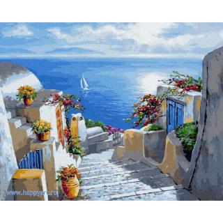 Kit pictura pe numere Vara in Santorini, cu sasiu, 50x65 cm, 29 culori