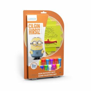 Minion de colorat ,   Stuart, Bob, Agnes, Disney, Set creativ pictura cu nisip colorat, 4 planse 11,75 x 16,5 cm, 4 suporti carton, 16 tuburi nisip multicolor, 1 penseta, 4 folii protectie, + 3 ani