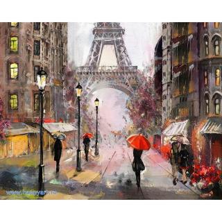 Set pictura pe numere, cu sasiu, Parisul in Ploaie, 40x50 cm, 30 culori