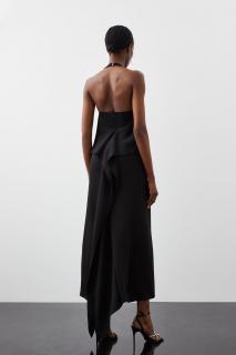 Rochie Maxi fara Bretela din Material Elastic Compact, cu Detaliu Drapat