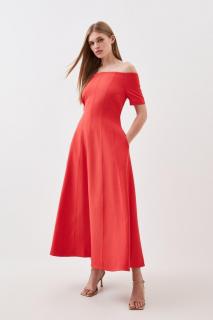 Rochie Midi Bardot din Crep Elasticat, cu Croiala Cambrata
