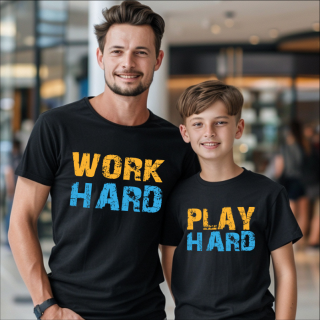 Set tricouri personalizate pentru tata si fiu Work Hard Play Hard