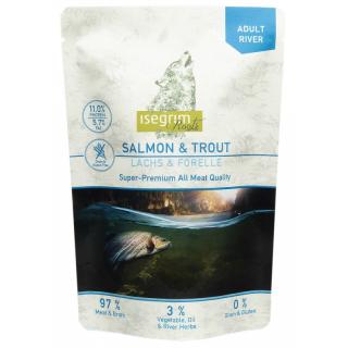 Pouch Isegrim Dog Adult River cu Somon, Pastrav si Pui 410 Gr
