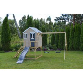 Casuta de gradina Grey Lodge cu platforma, tobogan si leagan dublu (M28G)