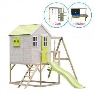 Casuta de gradina Lime Lodge cu tobogan, leagan, modul sport si bucatarie