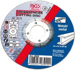 Disc pentru metal 115 x 2,5 x 22,2 mm, tip 42 BGS 3922