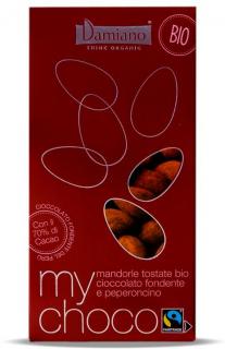 Praline BIO de migdale invelite in ciocolata neagra cu chili Damiano