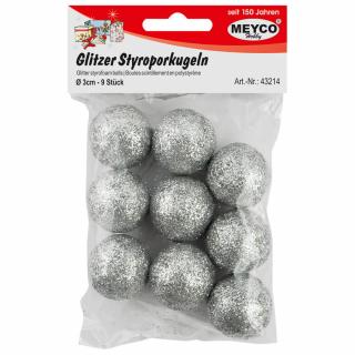 Bile din polistiren cu sclipici argintiu, 9 buc